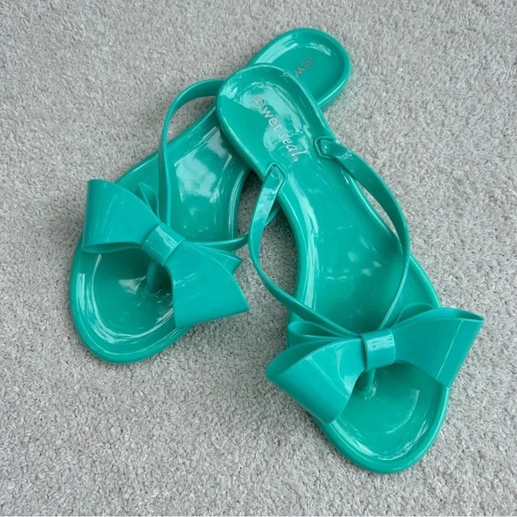 Women’s Wet Seal Y2K 90s Turquoise Bow Jelly Sandals Flip Flop Flats / Size 6 - Picture 1 of 8